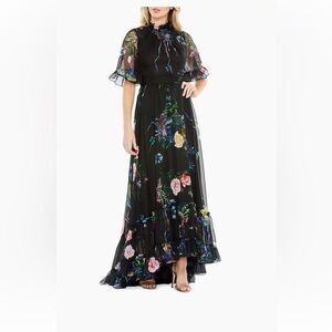 Mac Duggal Floral High Neck Flutter Sleeve Gown NWT